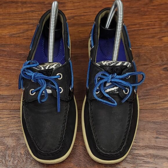 Sperry Top Sider Boat Shoes Womens 6.5 Black Leather Blue Trim Casual - Picture 4 of 13